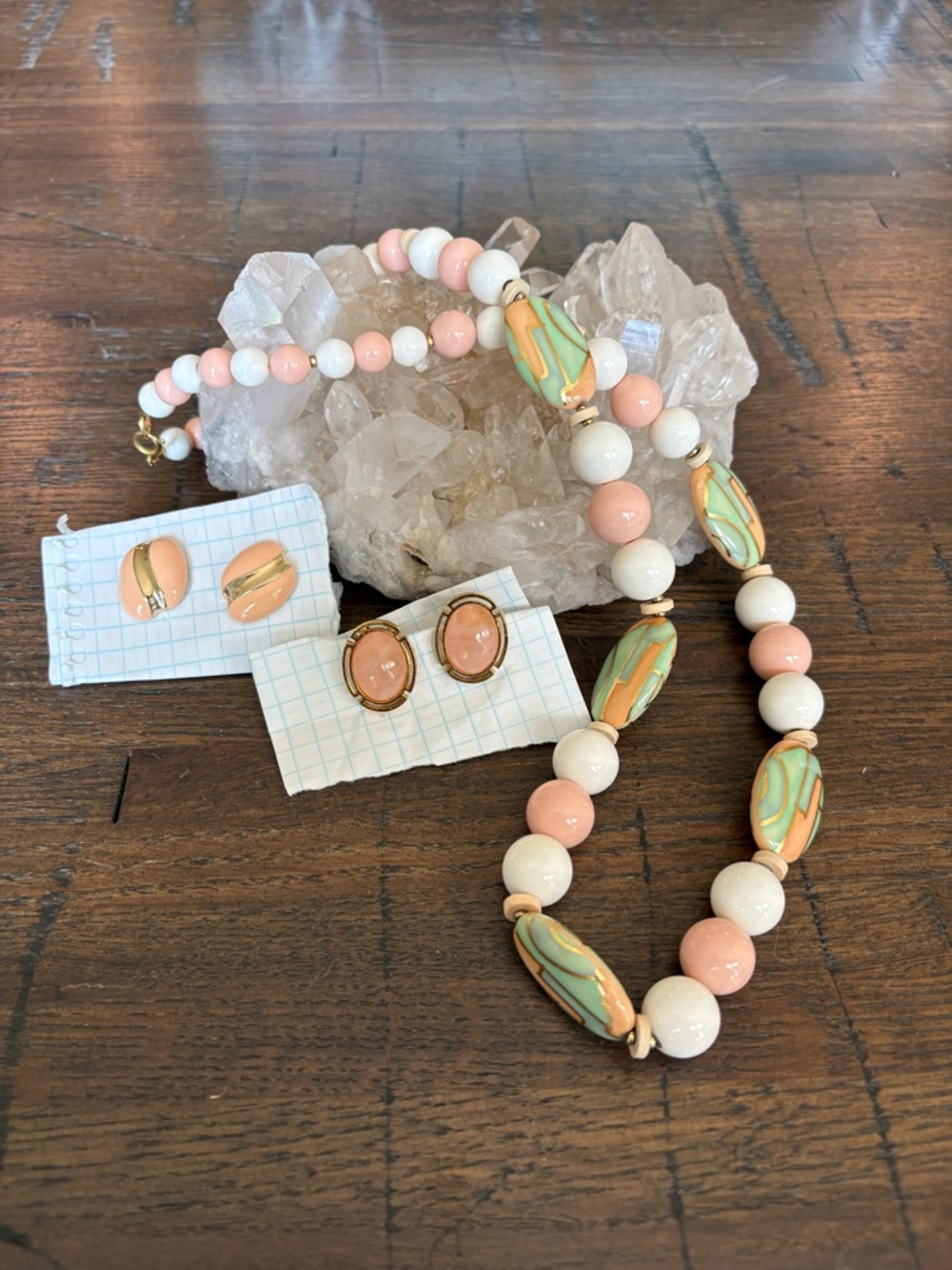 Peach & Mint Beaded Necklace with Matching Earrings